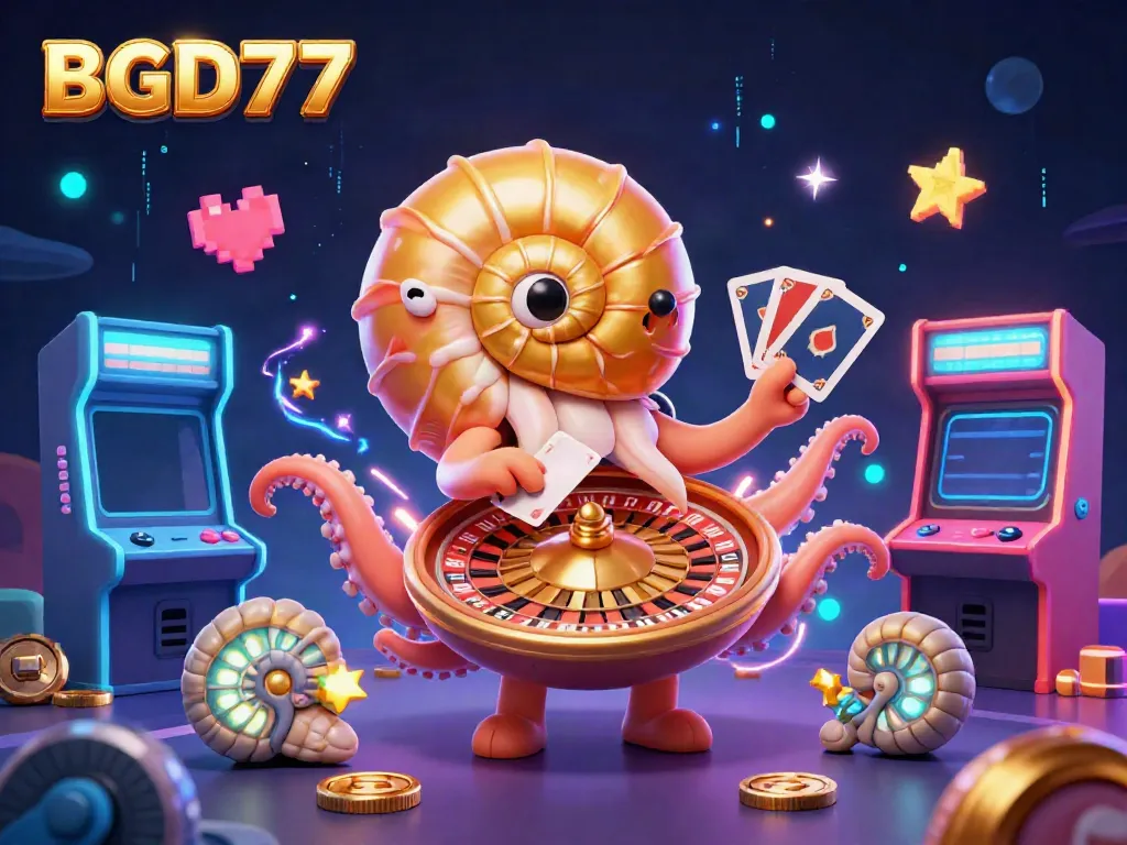 Engage with BGD77's thrilling gaming experience via a vibrant 3D illustration featuring a giant nautilus and glowing elements.