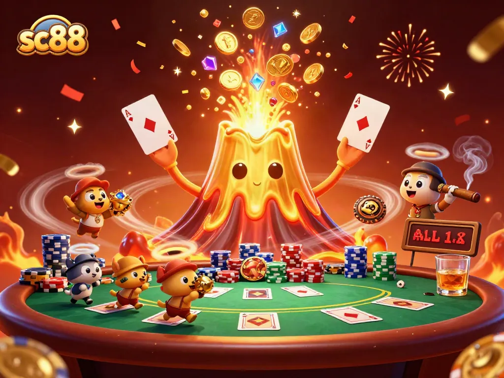 Engage with sc88 gaming as a golden volcano erupts treasure amidst energetic poker gameplay.