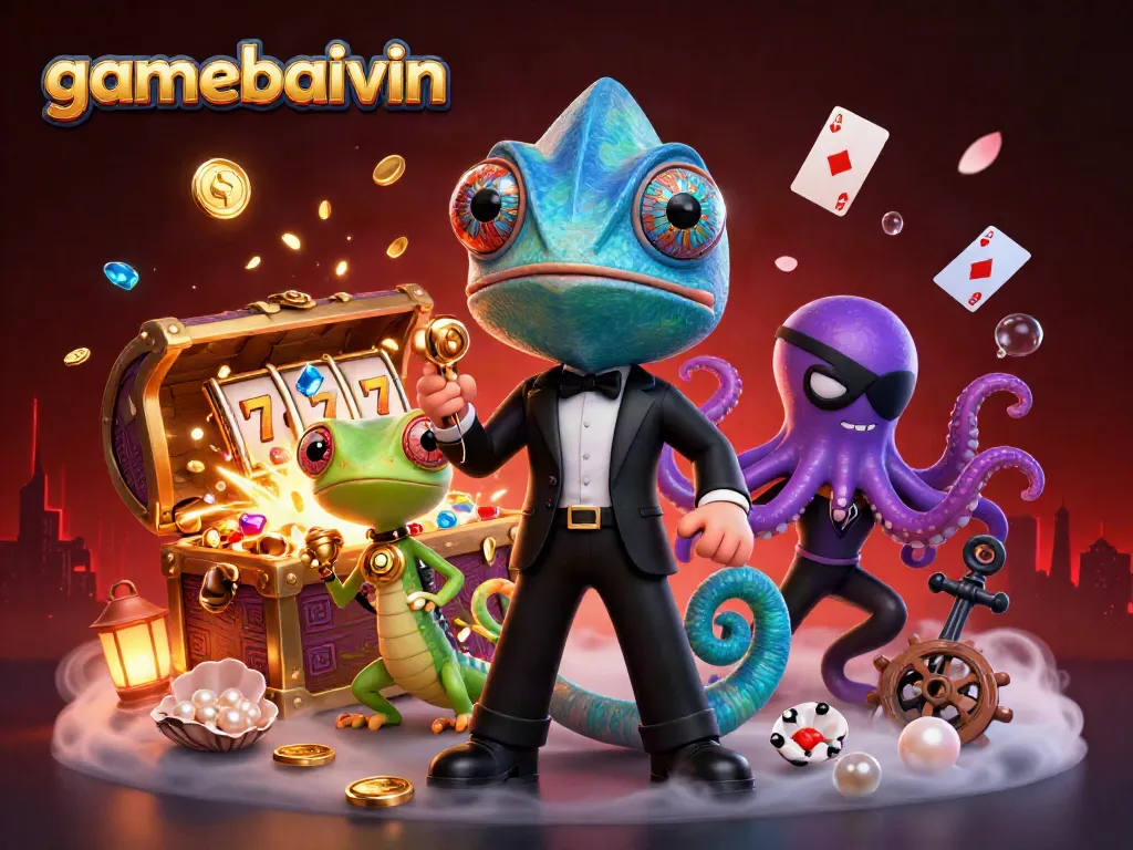 Engage with thrilling slots action at gamebaivin featuring colorful chameleon and octopus characters.