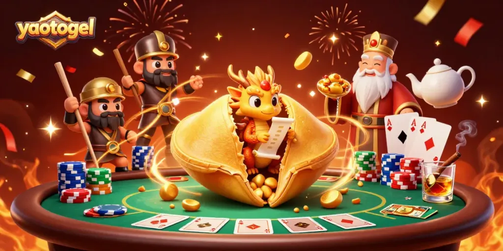Experience excitement with yaotogel in a vibrant casino scene featuring a golden fortune cookie and poker elements.