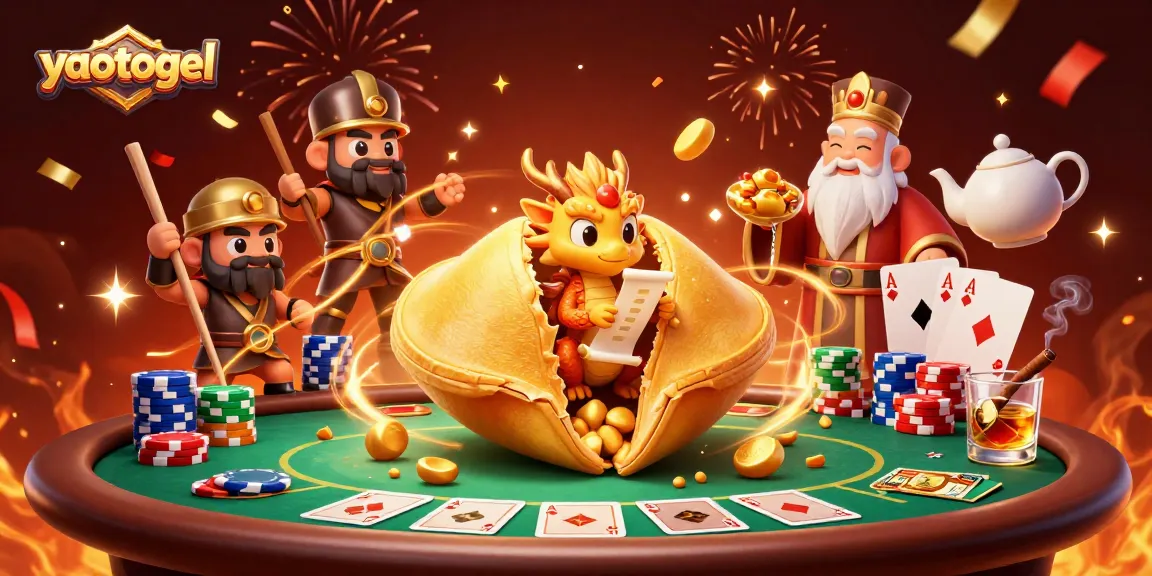 Experience excitement with yaotogel in a vibrant casino scene featuring a golden fortune cookie and poker elements.
