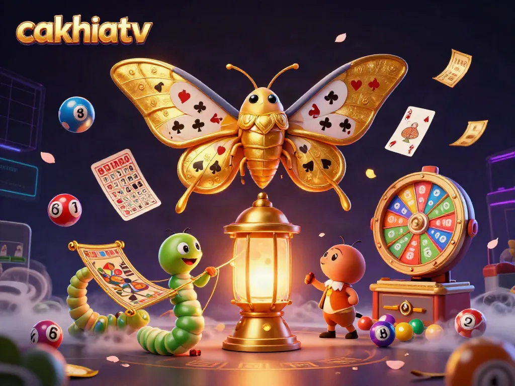 Cakhiatv showcases a vibrant scene with an atlas moth and lottery elements, illustrating dynamic casino excitement.