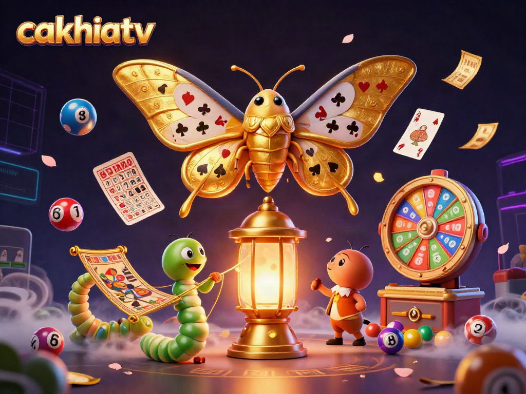 Cakhiatv showcases a vibrant scene with an atlas moth and lottery elements, illustrating dynamic casino excitement.