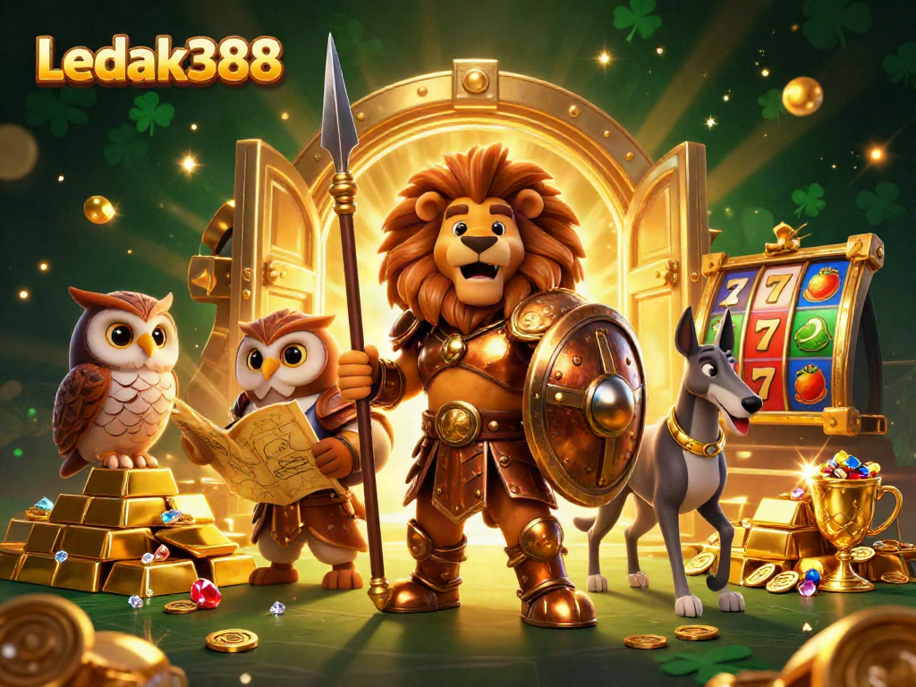 Experience the thrill of Ledak388 with vibrant slot reels and rich treasures in this 3D illustration.