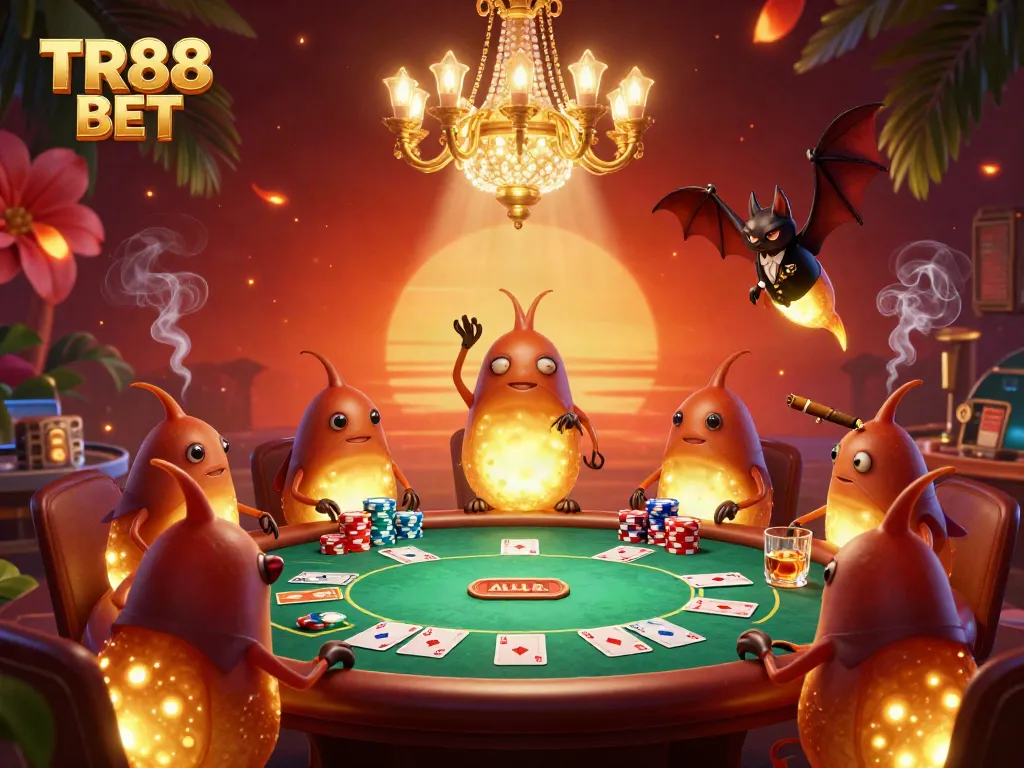 Experience the vibrant energy of TR88 BET as glowworms illuminate a lively casino scene.