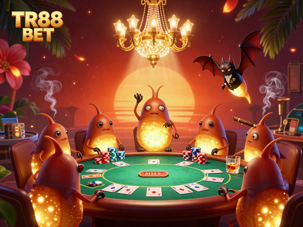 Experience the vibrant energy of TR88 BET as glowworms illuminate a lively casino scene.