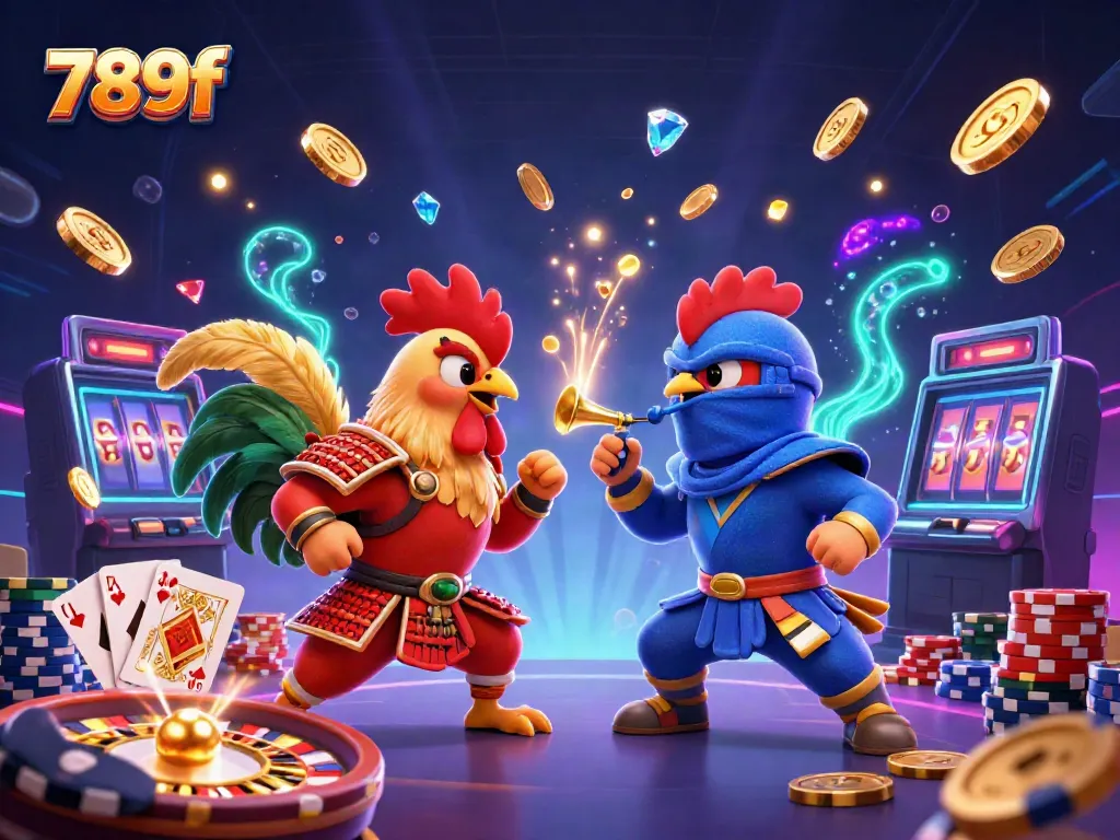 Witness the epic standoff of 789f's fighting roosters, surrounded by dynamic casino elements.