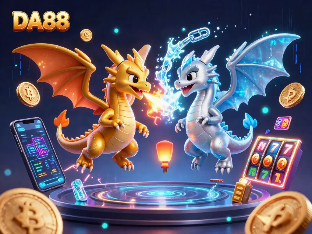 DA88 showcases a dynamic scene with twin dragons and casino elements enhancing the gaming experience.