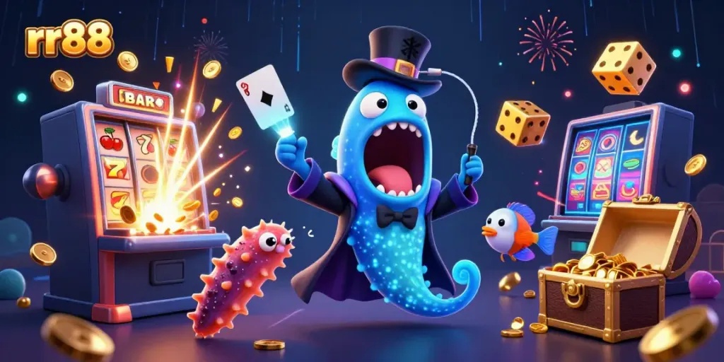 Win big at rr88 with magical underwater characters performing casino tricks amidst a jackpot explosion.