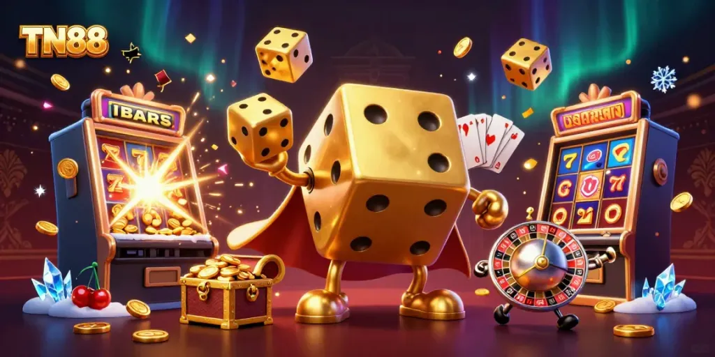 Experience the vibrant world of TN88 with a 3D golden dice golem juggling wealth in an exciting casino scene.