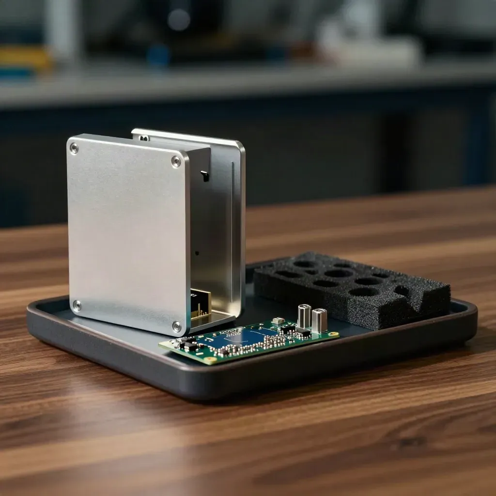 Prototype enclosure, PCB and hardware tray on a warm walnut surface, dramatic studio light