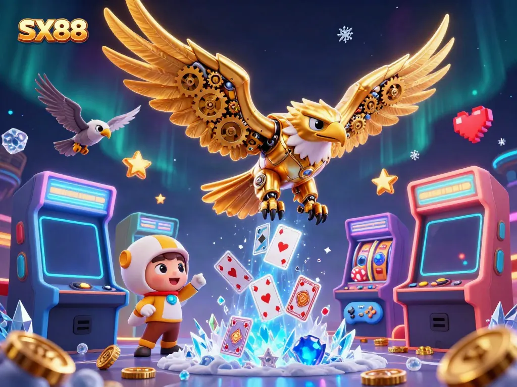 SX88 showcases vibrant gameplay with a cybernetic eagle amidst dynamic casino elements.