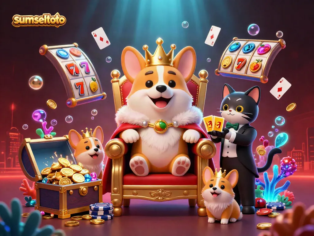 Sumseltoto showcases a grand scene of a royal corgi surrounded by slot game elements, highlighting thrilling casino adventures.