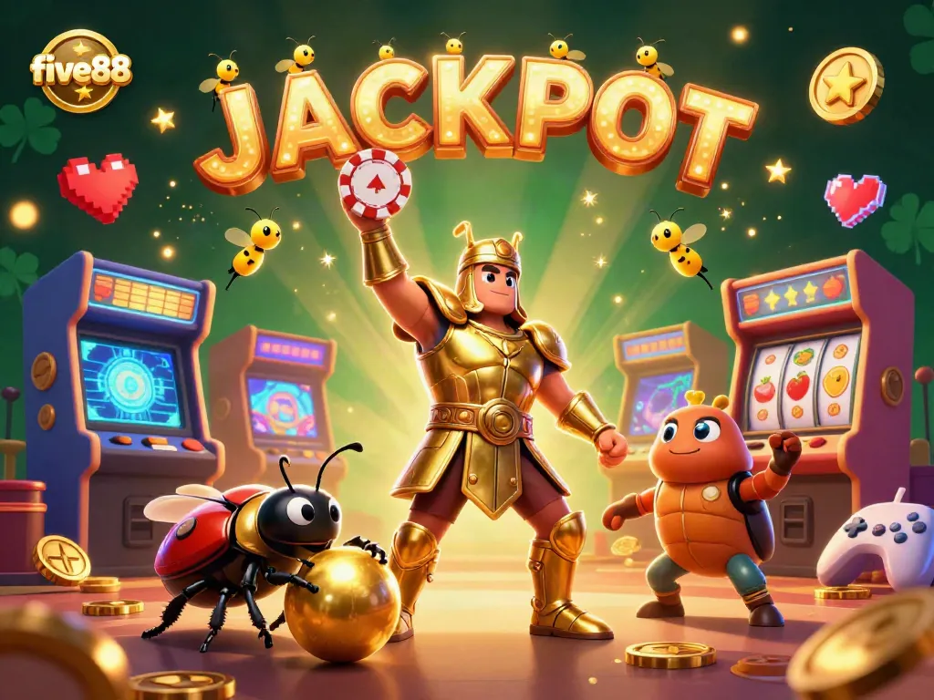 Engage with five88 in a vibrant 3D casino scene celebrating winning moments.