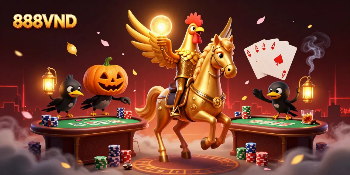 Experience 888VND with a golden rooster and spectral horse in a mystical casino scene.