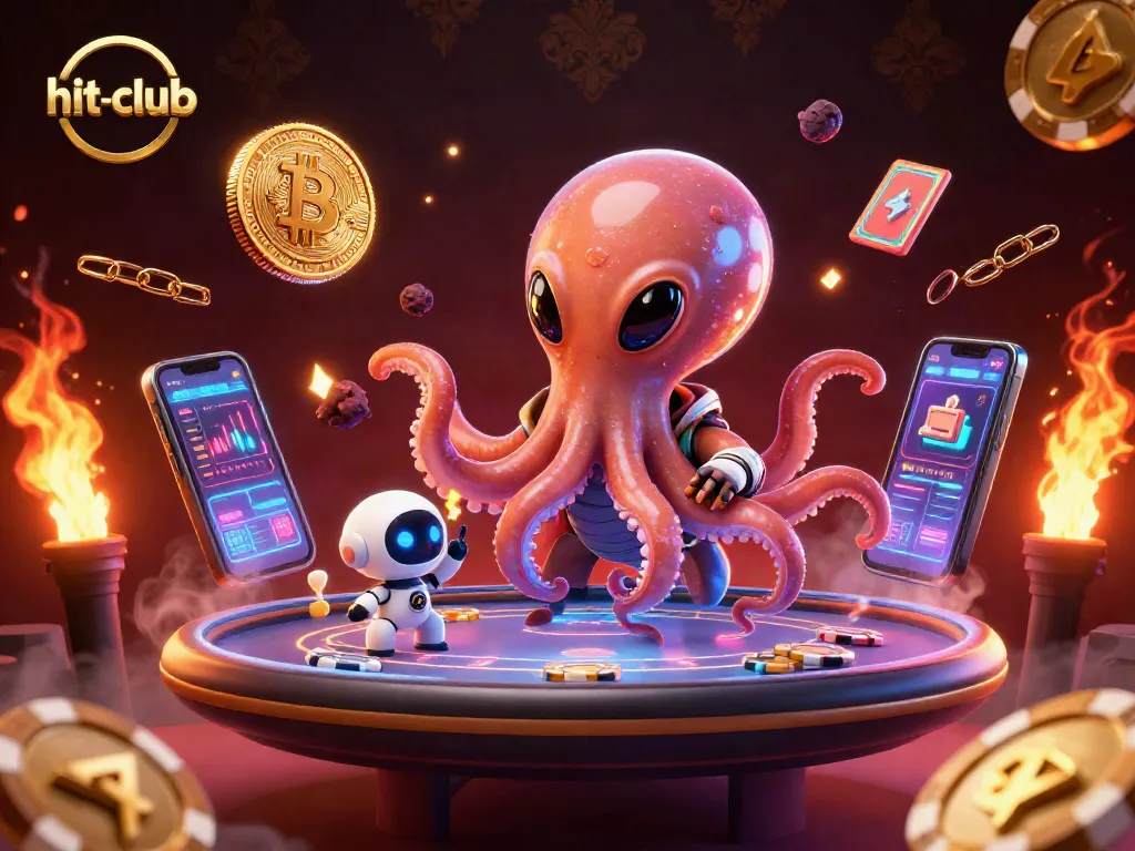Experience the excitement of hit-club as an alien octopus plays poker in a sci-fi casino scene.