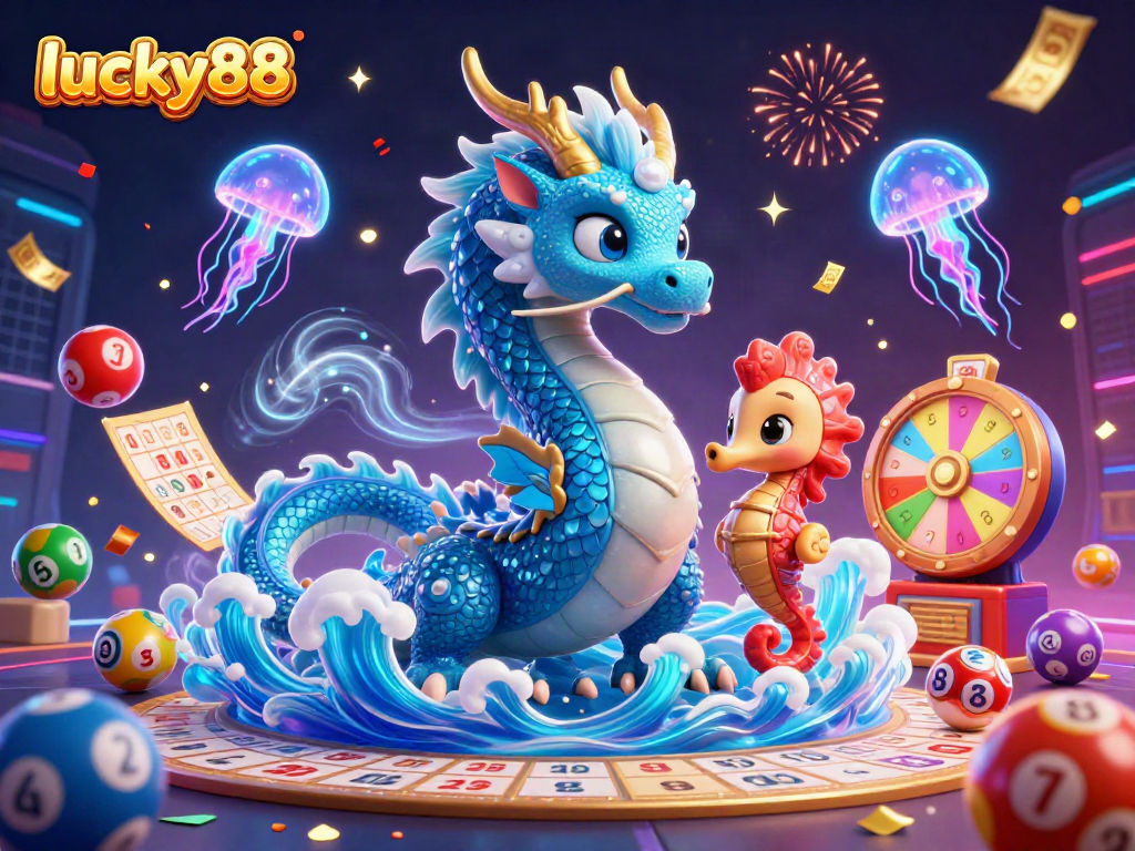 Experience thrilling gameplay at lucky88 with a vibrant 3D dragon scene filled with lottery excitement.