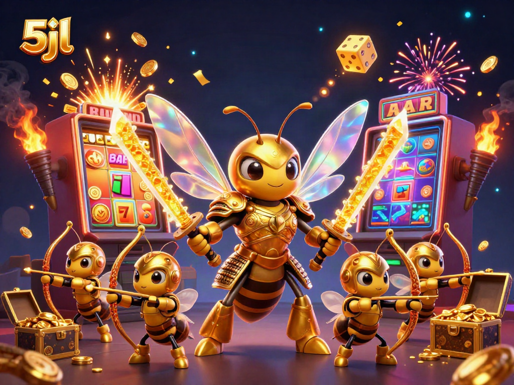 Watch the vibrant 5jl jackpot explode with coins and light in this enchanting casino scene.