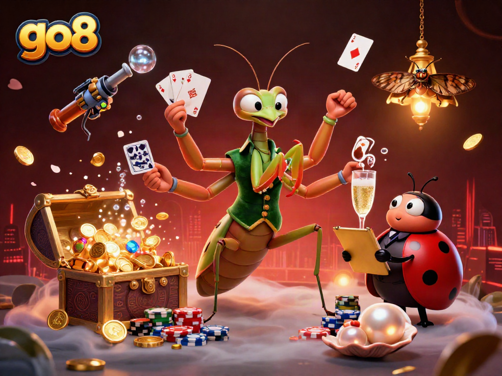 go8 casino artwork featuring a giant mantis card sharp and ladybug pit boss in a vibrant casino scene