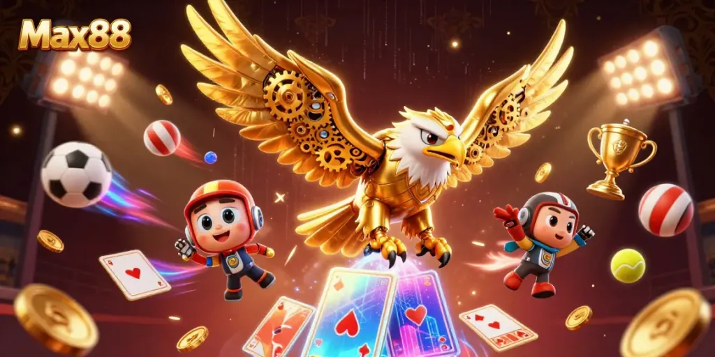 Experience the thrill of betting at Max88, featuring a vibrant 3D scene with a cybernetic eagle and dynamic gaming elements.