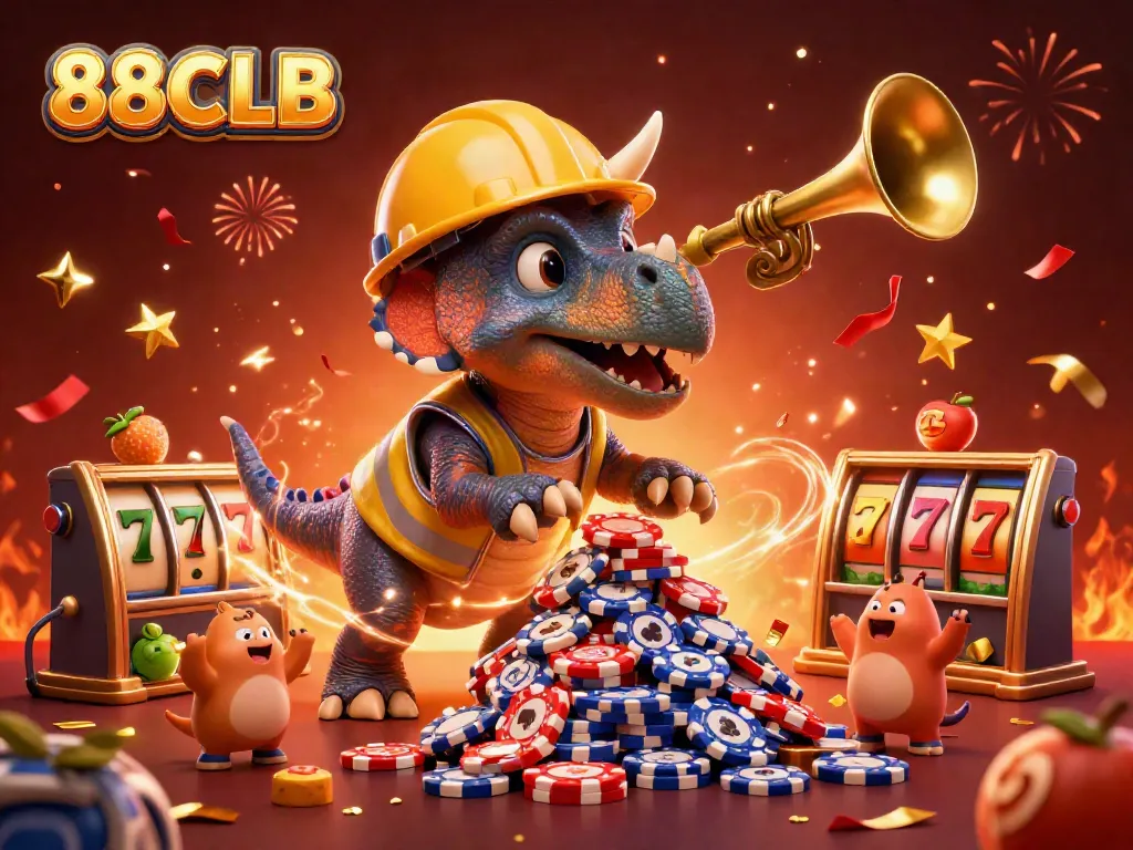 Join the fun at 88CLB, where a triceratops builds poker chip towers amid a vibrant casino-themed celebration.