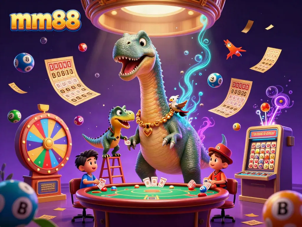Experience the excitement of mm88 as colorful lottery balls and golden prizes animate a vibrant casino scene.