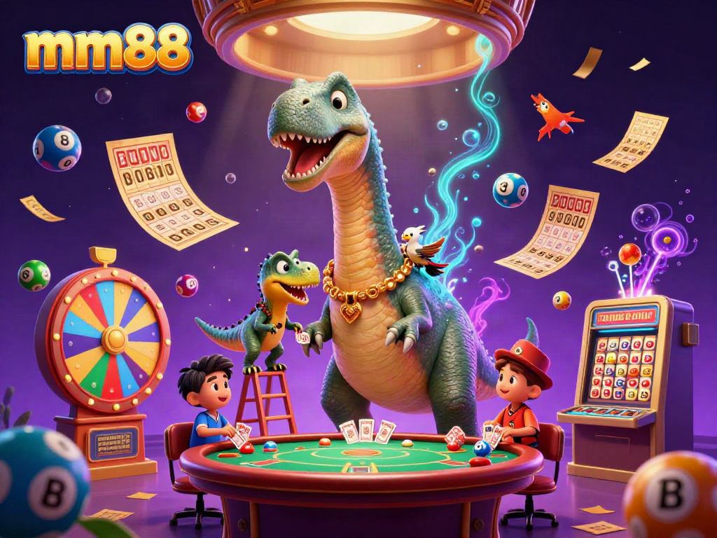 Experience the excitement of mm88 as colorful lottery balls and golden prizes animate a vibrant casino scene.
