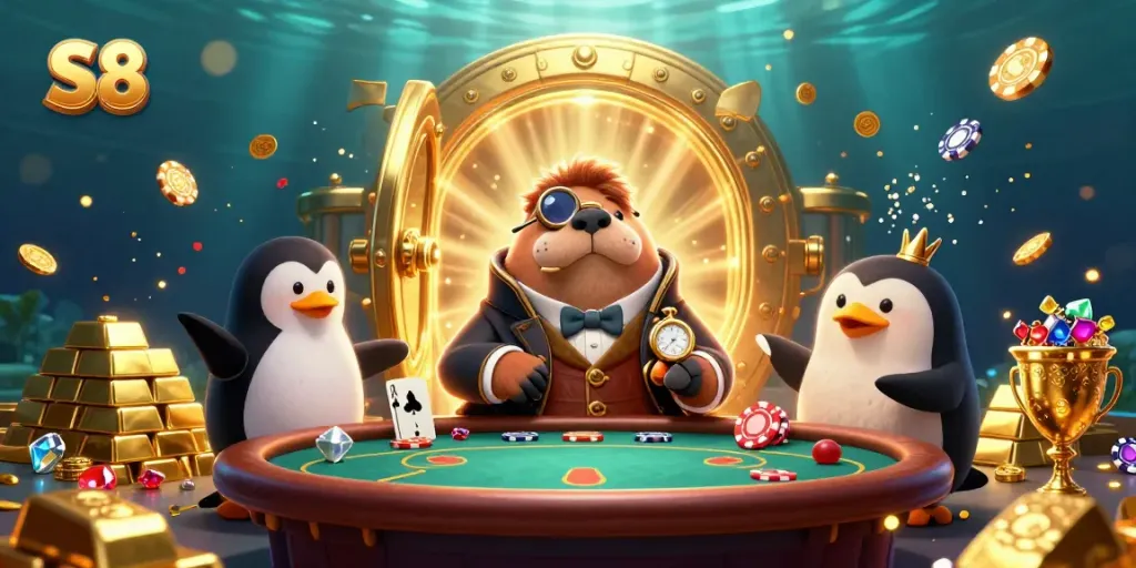 Engage in thrilling underwater poker with S8's vibrant walrus, penguin dealer, and pufferfish.
