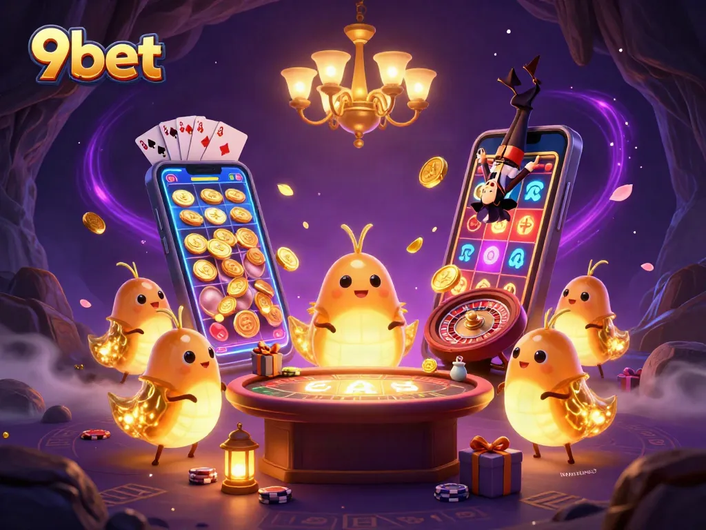 Experience the excitement of 9bet with a vibrant casino scene illuminated by glowworms and a bat dealer.
