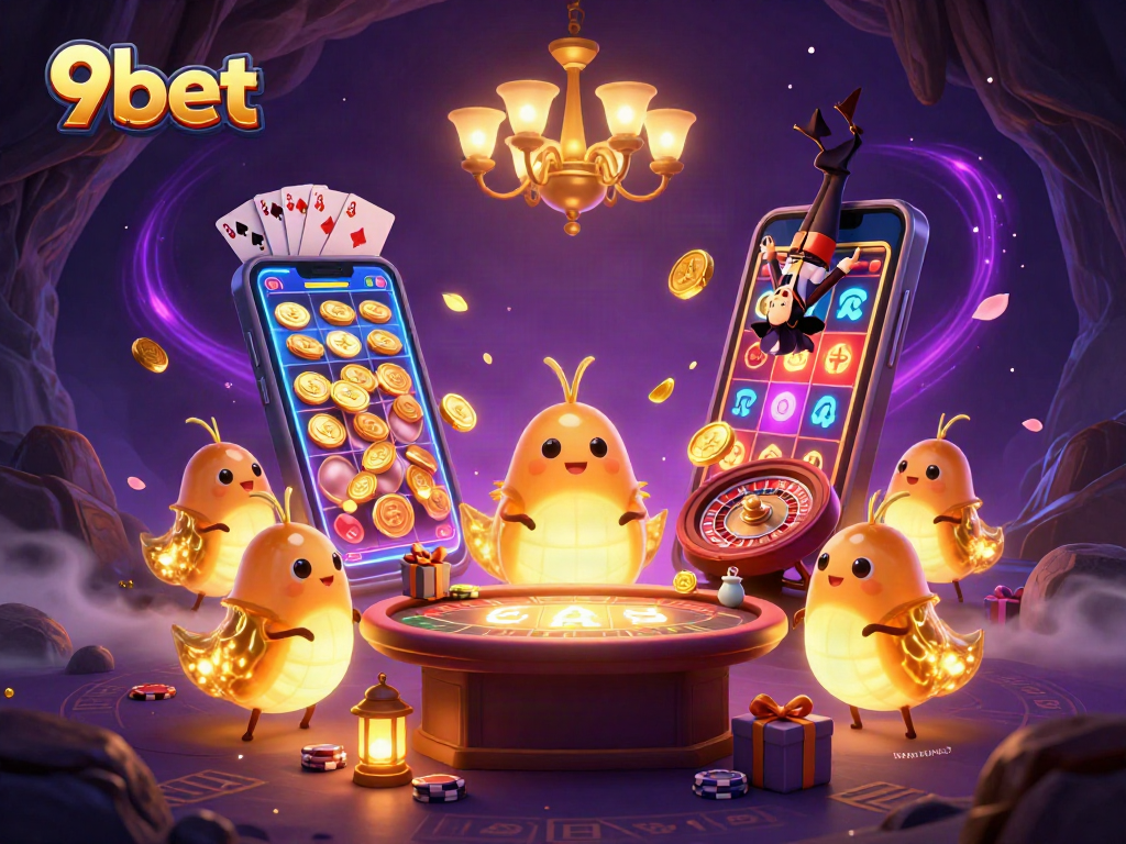 Experience the excitement of 9bet with a vibrant casino scene illuminated by glowworms and a bat dealer.