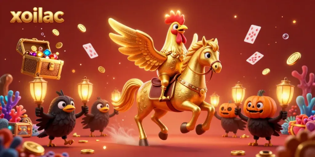 Engage with this vivid illustration of the xoilac platform showcasing a golden rooster and casino elements in a vibrant scene.