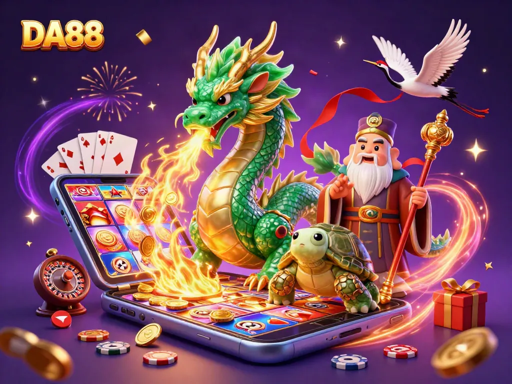 Engage with DA88's thrilling gaming experience featuring a jade dragon, casino elements, and vibrant excitement.