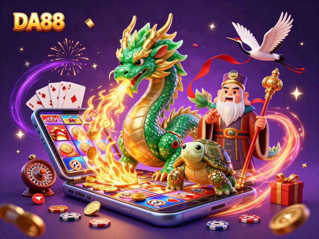 Engage with DA88's thrilling gaming experience featuring a jade dragon, casino elements, and vibrant excitement.