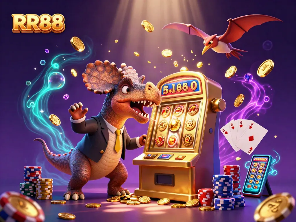 RR88 showcases a dinosaur-themed casino explosion with slot machine jackpots and coins flying!