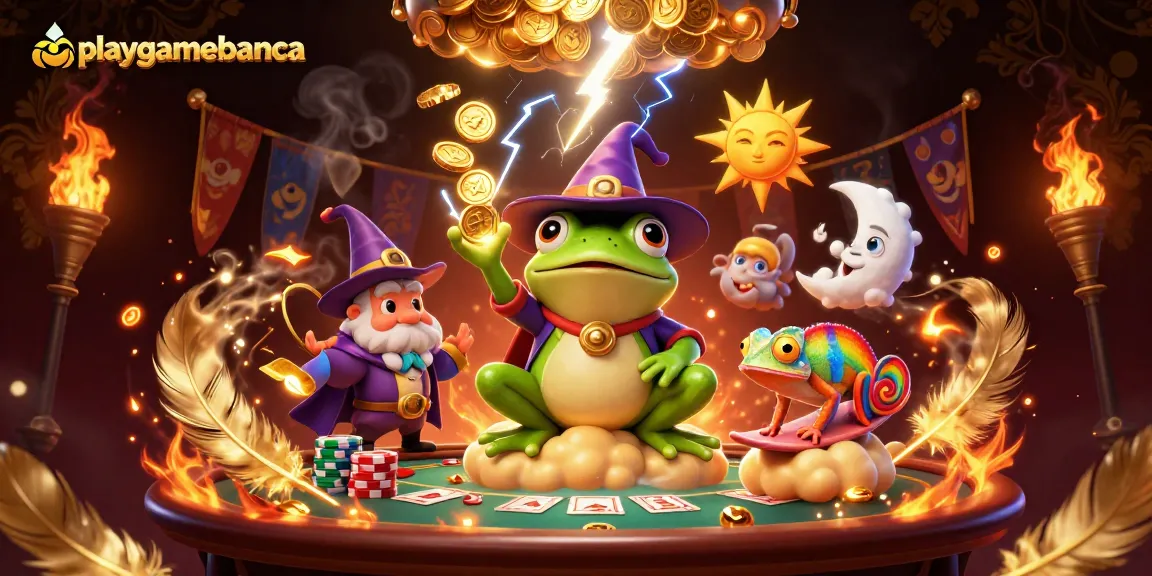 Engage with playgamebanca's vibrant poker illustration featuring a wizard frog and rainbow chameleon amidst golden coins.