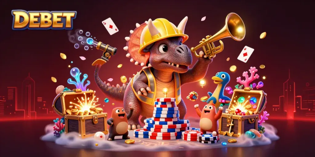 Experience thrilling gameplay at DEBET with colorful 3D characters and casino elements celebrating winnings.