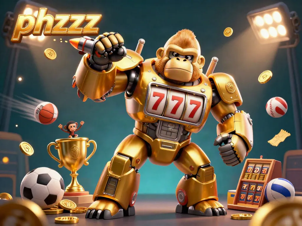 Experience thrilling gameplay with the phzzz slot machine-themed 3D illustration featuring a golden gorilla mech.