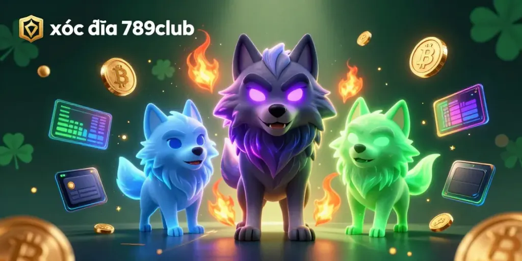 xóc đĩa 789club immersive gaming scene showcasing animated wolves among crypto elements