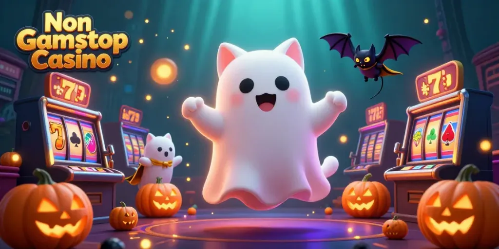 Experience thrilling Non Gamstop Casino adventures with our lively ghost cat and vampire bat in a haunted slot scene.