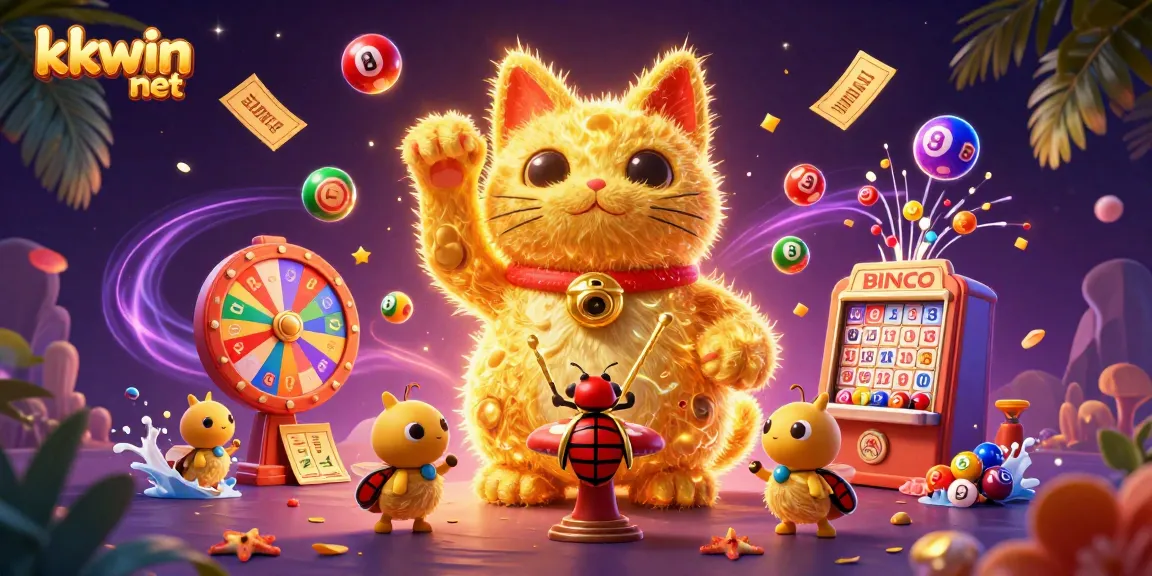 Experience excitement at kkwin net with a giant lucky cat made of fireflies amidst vibrant casino elements.