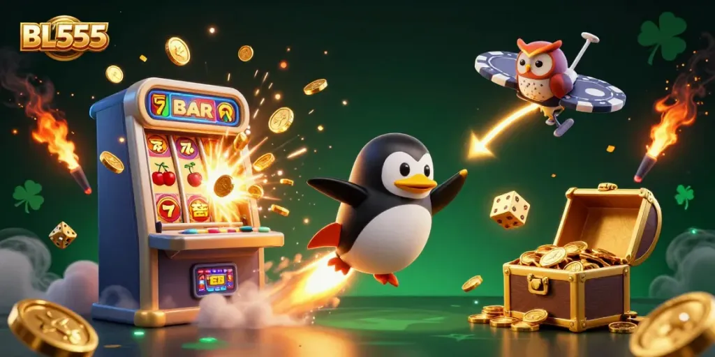 Experience the thrill of winning at BL555 with a dynamic casino adventure featuring a penguin and slot machine.