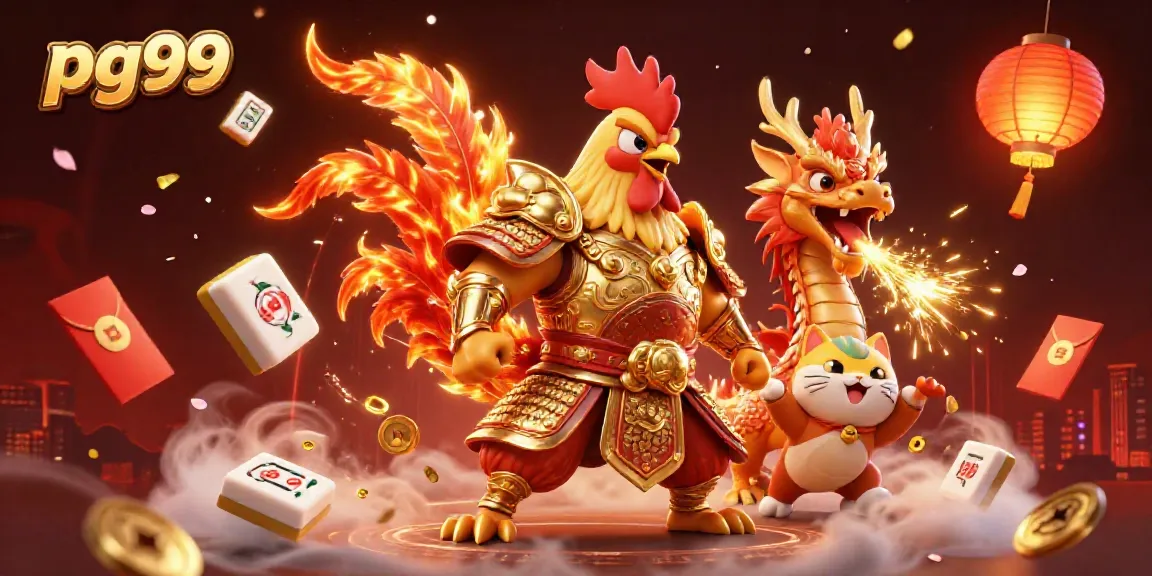 Engage in thrilling gameplay with pg99 featuring a rooster warrior, dragon hatchling, and festive game elements.