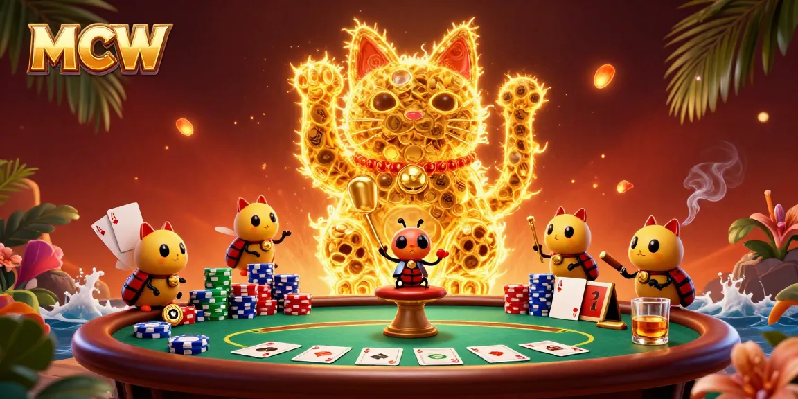 MCW showcases a vibrant scene where golden fireflies form a lucky cat, enriching the casino experience.