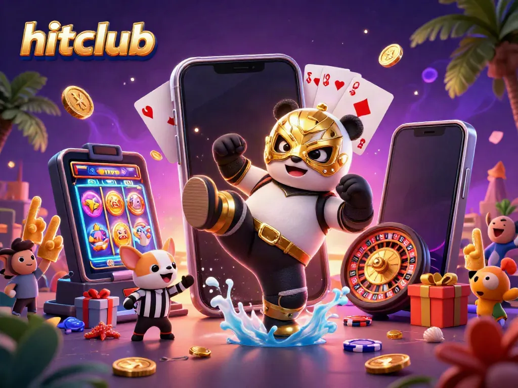 hitclub showcases a lively casino scene featuring a panda wrestler, energetic animal spectators, and colorful slot games.