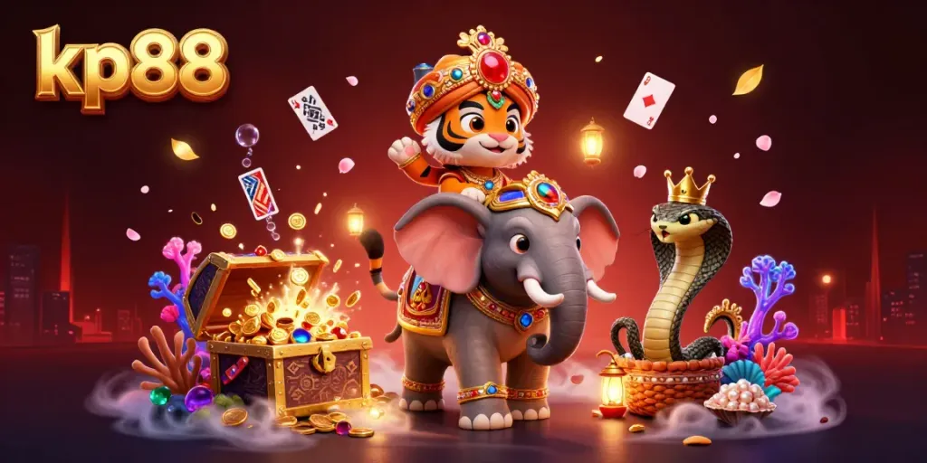 Engage in exciting casino action with KP88's vibrant online gaming scene featuring a majestic tiger and elephant.