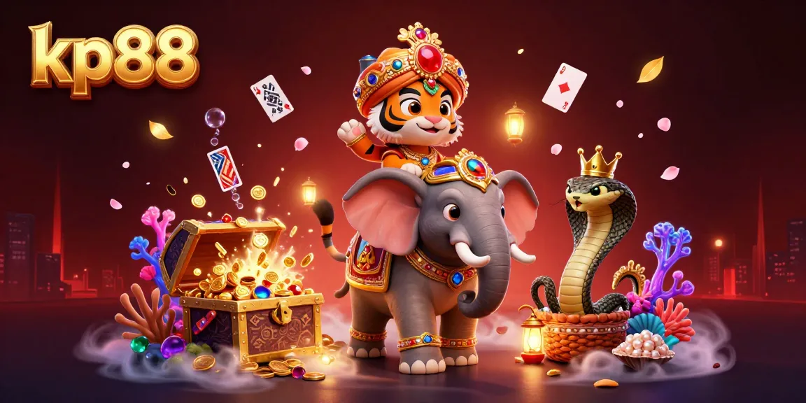 Engage in exciting casino action with KP88's vibrant online gaming scene featuring a majestic tiger and elephant.
