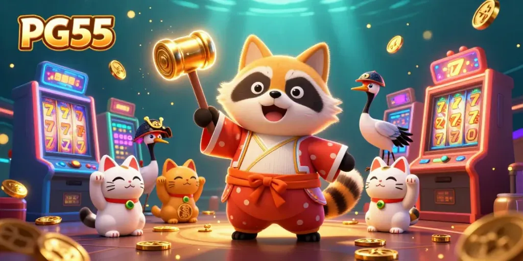 Experience the vibrant world of PG55 with joyful characters celebrating a casino atmosphere full of slot games and luck.