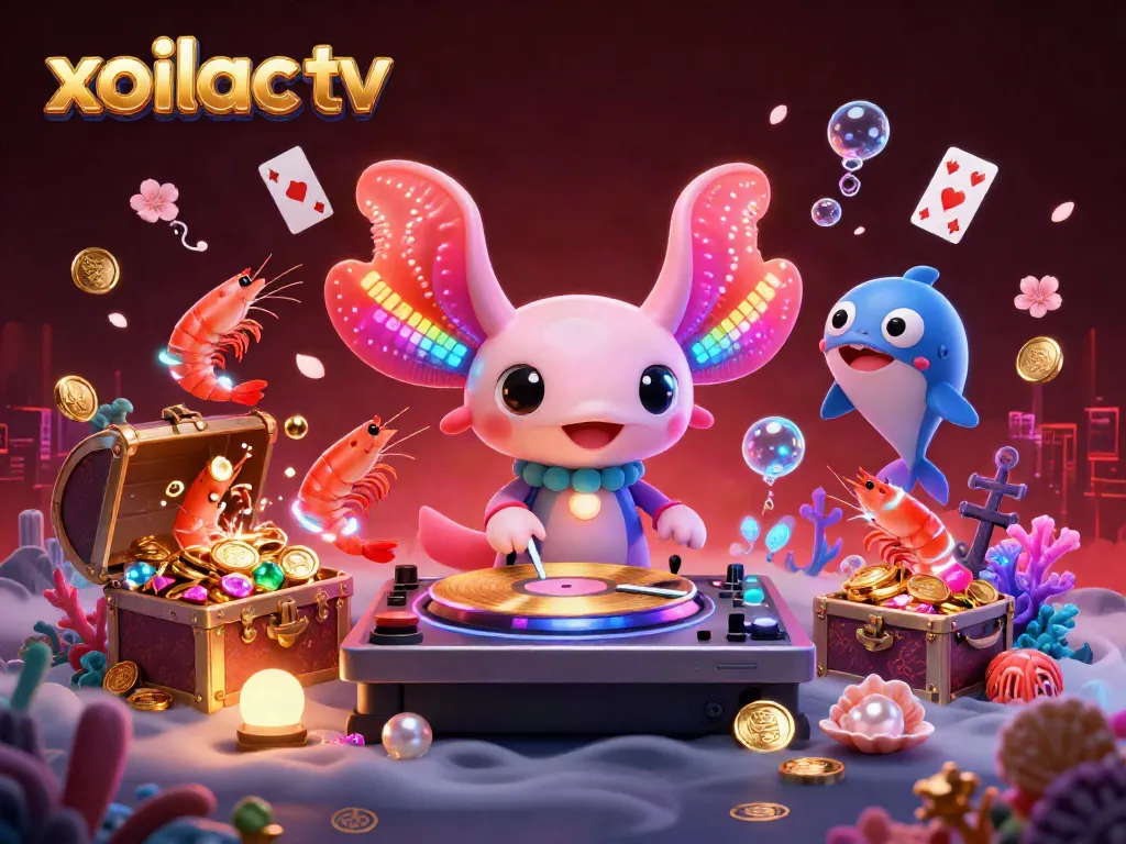 Xoilac TV immerses you in an underwater casino scene featuring vibrant axolotl DJ and treasure-filled games.