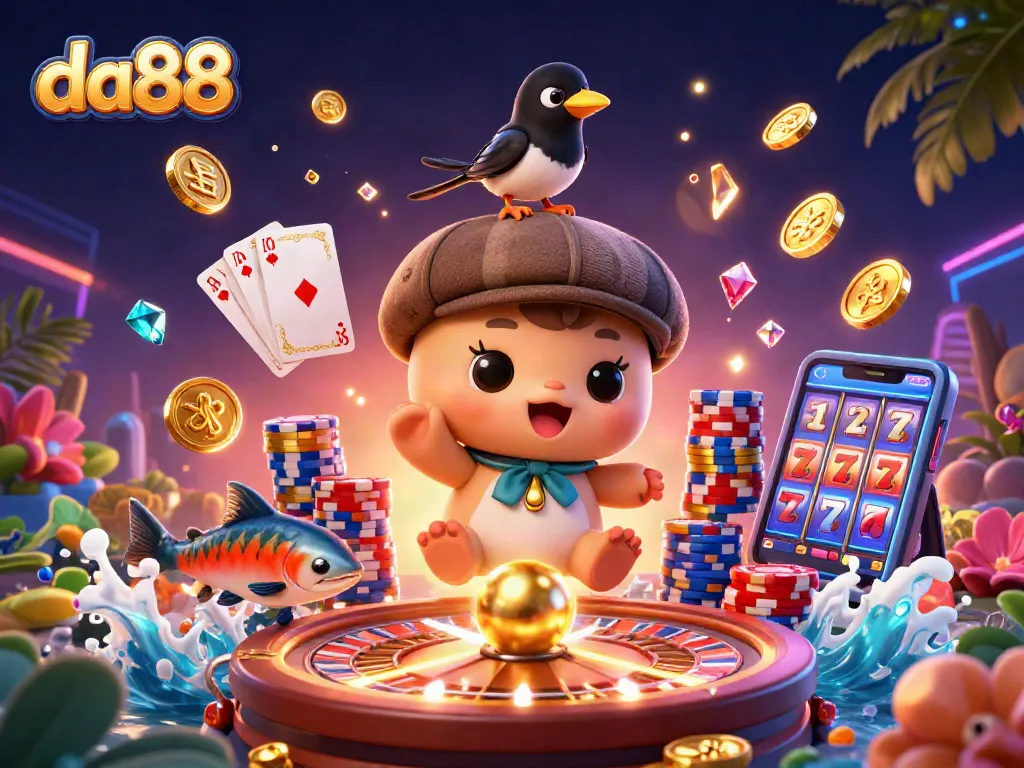 Spin the reels and win big with da88 in this vibrant casino scene featuring playful cartoon characters and game elements.