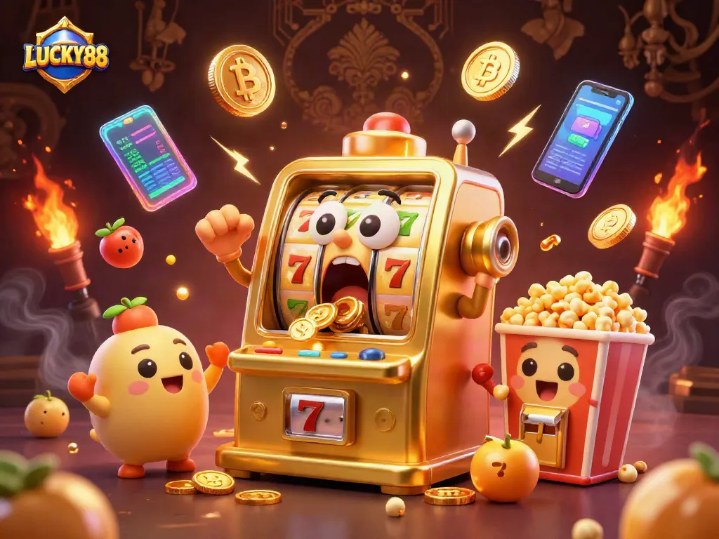 Lucky88 slot machine hitting a jackpot while coins pour out, with baby slots and a popcorn machine cheering